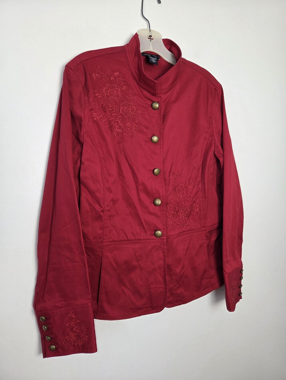 Jones New York Signature Deep Red Military Style Shirt Floral Embroidered Large